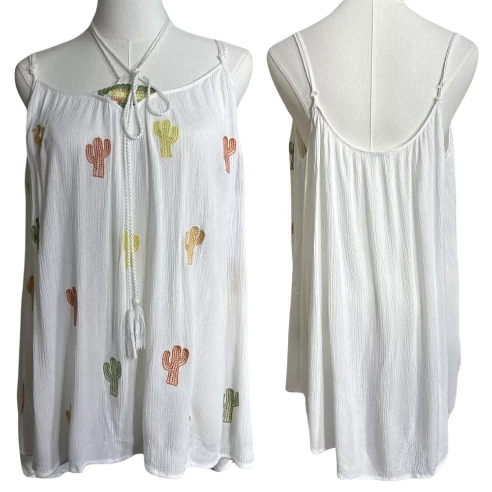 Women’s Boho White Tank Top High Low Western Blouse Embroidered Cactus Size S